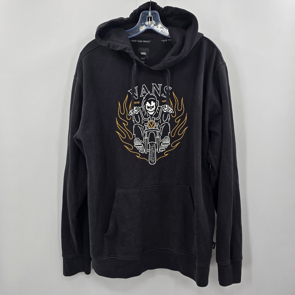 Vans Hoodie Mens Medium Black Skeleton Motorcycle Flame Skull Graphic Pullover